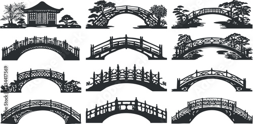 A collection of decorative silhouettes of various traditional bridges and structures in nature..