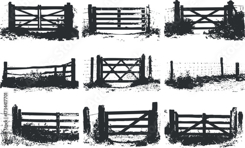 A collection of various wooden gates and fences in a rustic style for countryside settings..