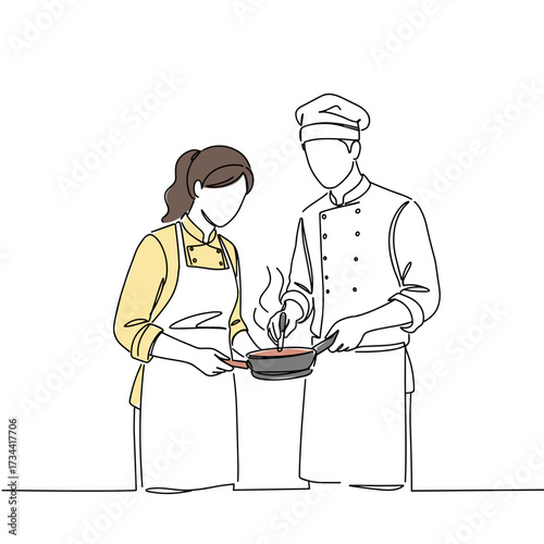 Couple cooking together in kitchen with chef and home cook  