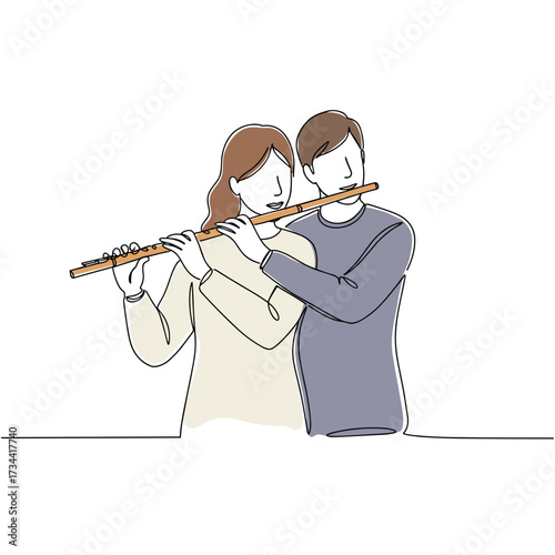 Couple playing flute together in a minimalistic style  