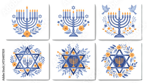Happy Hanukkah  : Set Icon Greeting Card Collection Featuring Hebrew Text and Colorful Illustrations