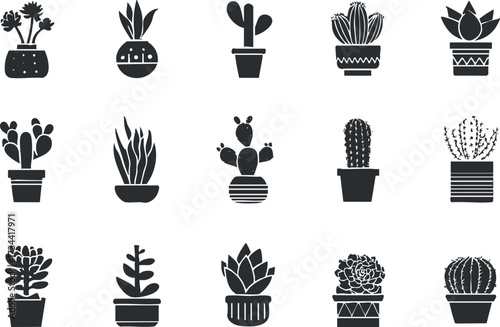 A collection of minimalist black and white illustrations of various potted plants and cacti..