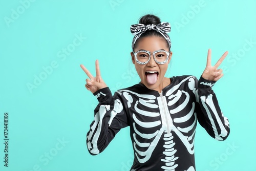 Young woman in skeleton costume making peace signs playful on turquoise background