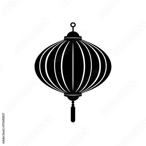Hanging lantern, rounded shape with vertical white stripes, tassel at the bottom