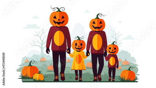 A Pumpkin-Headed Family: A whimsical illustration depicts a family adorned with cheerful pumpkin heads, their bodies draped in coordinated outfits.