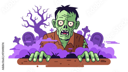 Zombie Rising from Grave: A chilling depiction of a zombie emerging from a graveyard, a vector illustration capturing the essence of horror and Halloween, a vivid scene for seasonal promotions.