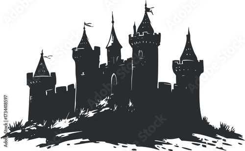 A silhouette of a medieval castle with towers and battlements set on a hill..