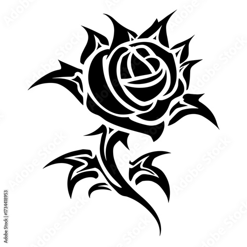 A bold tribal rose tattoo design featuring intricate black and white patterns with precise outlines and symmetrical flor
