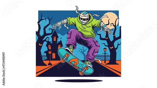 Spooky Skateboarder: A cool mummy skateboarding under a full moon, in a spooky atmosphere. Perfect for Halloween!