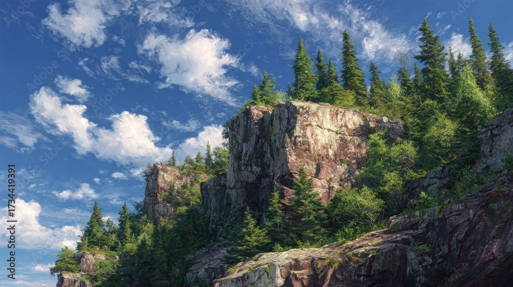 Naklejka premium Rocky cliffside forest landscape