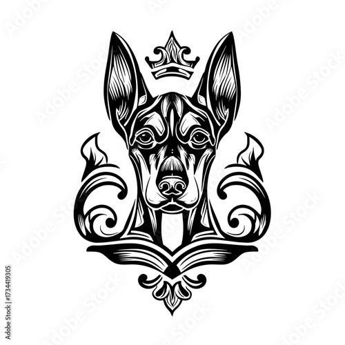 Intricate black and white vector illustration of a regal dog wearing a crown with ornamental tribal patterns and swirlin