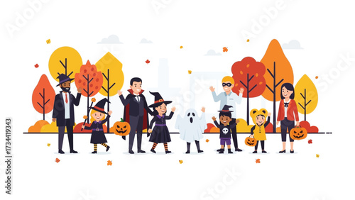 Halloween Fun: A vibrant cartoon of children and adults in elaborate costumes and characters, joyfully celebrating the spooky holiday. They're gathering among fall trees.