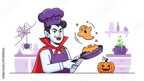 Halloween Chef: a vampire chef, playfully preparing ghostly pancakes in a festive kitchen, surrounded by spooky Halloween decorations and elements. 