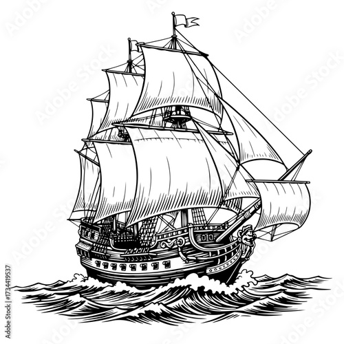 Detailed Vintage Sailing Ship Navigating Rough Ocean Waves, ship, sailing, vintage, ocean, boa