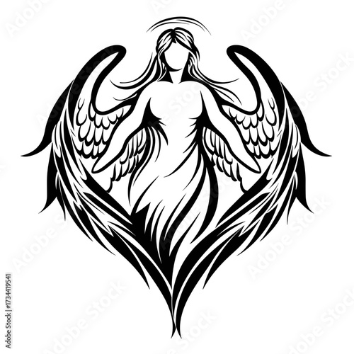 Monochrome angel wings tattoo vector outline, symmetrical design, minimalistic line art, detailed and intricate,
