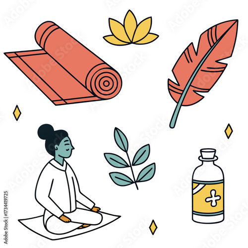 Mindfulness and meditation concept with yoga mat, lotus, feather and bottle
