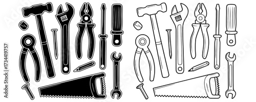 Assortment of black and white hand tools