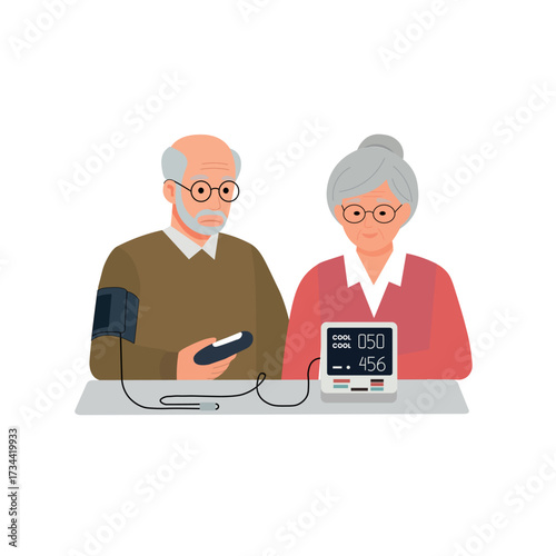 Elderly Couple Measuring Blood Pressure at Home – Senior Healthcare and Wellness Illustration