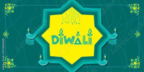 Diwali Festival Greeting Background with Glowing Oil Lamps, Traditional Rangoli Mandala Pattern, Indian Decorative Celebration Poster for Deepavali Festival of Lights Invitation and Card Design