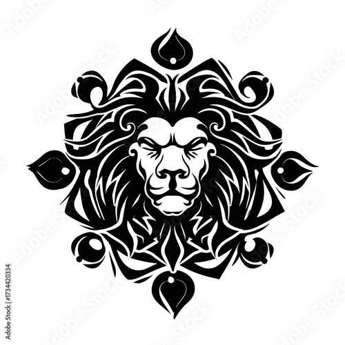 A black and white vector illustration of a stylized lion's head with intricate tribal patterns, symmetrical face,