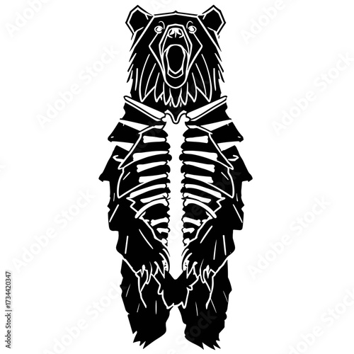 Stylized black and white illustration of a bear standing upright with skeletal details,