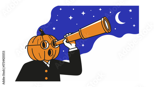 Pumpkin Head Observer of Stars: A whimsical cartoon showcases a pumpkin-headed figure observing a star-filled night sky through a telescope, blending Halloween and the wonder of the cosmos.