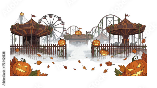 Spooky Amusement Park: A vintage, slightly eerie, amusement park scene decorated for Halloween, evoking nostalgia and the thrill of the season's celebrations.