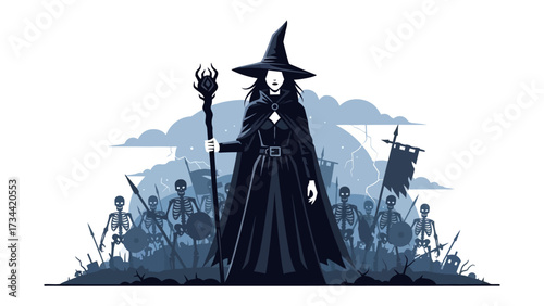 Mysterious Witch: A solitary witch, attired in a black cloak and hat, stands boldly before a skeletal army in a captivating display. A fantasy scene filled with mystery.