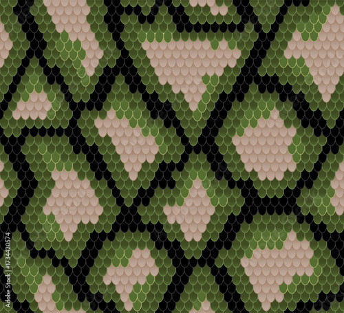 Seamless snake skin pattern. Repeating simple vector print with black, green and brown snake scales . Apparel textile pattern.