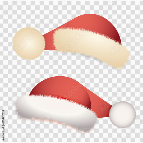 Festive Santa Hats for Christmas, New Year designs. Red hats with fur trim and pom-poms. Perfect for holiday graphics, costumes, or decor! Isolated vectors for easy use.
