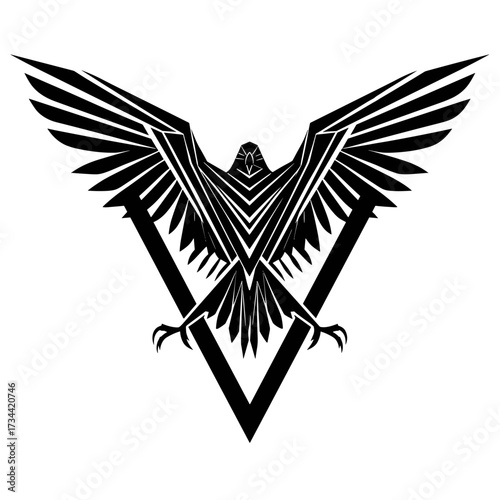 A stylized black and white vector illustration of a bird with spread wings forming a triangle,