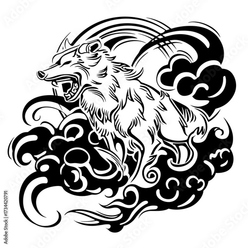 A bold tribal wolf vector tattoo design featuring intricate line art, roaring wolf on spiral wave pattern,