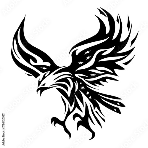 A stylized eagle tattoo design in bold black and white vector illustration, featuring tribal patterns, detailed drawing,