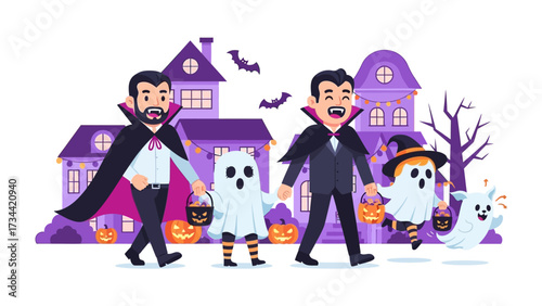 Halloween Parade: A vibrant and whimsical illustration of a Halloween parade unfolds, featuring costumed characters in playful procession. 