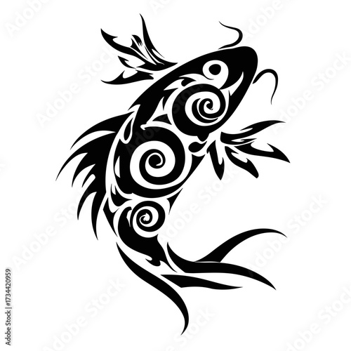 Tribal style tattoo design featuring a swimsuit with intricate line art in black and white,
