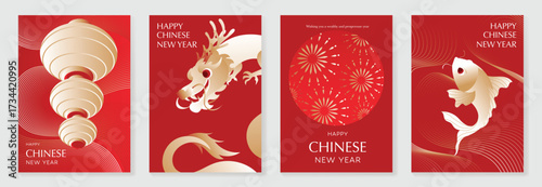 Chinese New year poster design vector set. Modern new year red card with lantern, dragon, firework, fish, wave line. Illustration for flyer, brochure, social media, banner, envelope, ads.