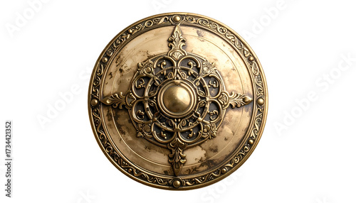 Ornate antique shield with intricate, golden floral design