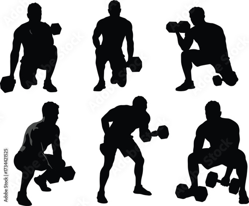 Dumbbell exercise silhouettes, strength training poses, fitness workout, muscular man, black vector art, gym movement, squats, lunges, curls, illustration
