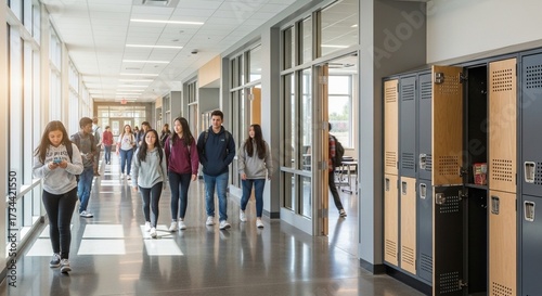 Foto Modern Bright School Interior With Students Walking in the Hallway