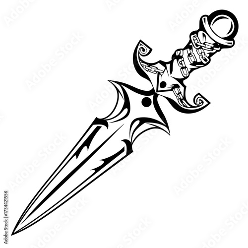 A high contrast black and white vector illustration of a stylized dagger with ornate hilt, swirling patterns,