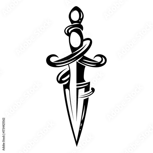 A minimalist line art illustration of a stylized sword with a sharp pointed blade, smooth hilt, and circular pommel,