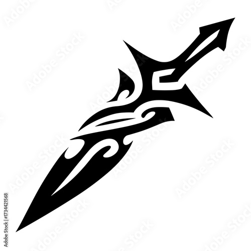 A minimalist black and white decorative object resembling a spear with tribal style elements, intricate patterns,