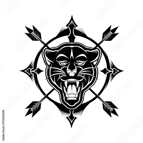 A fierce black panther tribute featuring detailed tribal arrows in a bold vector design,