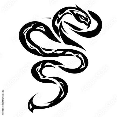 A bold tribal snake tattoo design featuring intricate black and white patterns with geometric bonds and decorative eleme