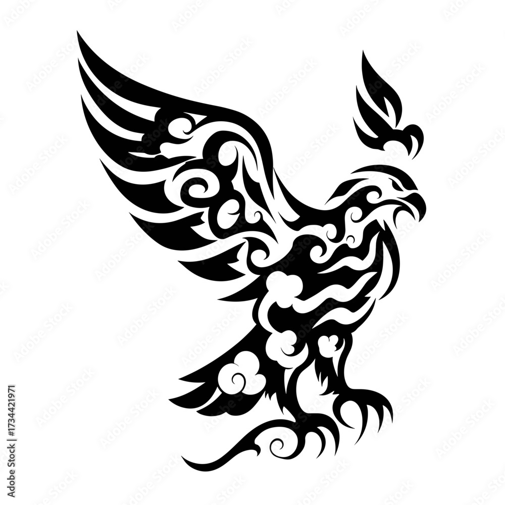 Fototapeta premium A black and white tribal style vector illustration of an eagle with wide spread wings, intricate foliage patterns,