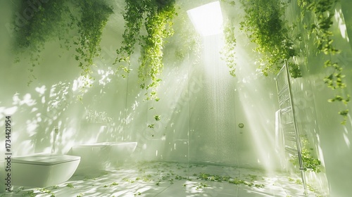 Sunlit green bathroom, vines, plants, relaxation, spa