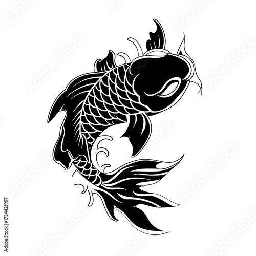 A detailed monochrome koi fish tattoo design with symmetrical scales showcasing geometric aesthetics in traditional orie