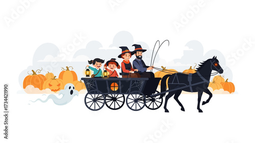 Spooky Halloween Carriage Ride: A delightful illustration depicts a family on a whimsical horse-drawn carriage ride, adorned with pumpkins, and accompanied by a spectral guest.