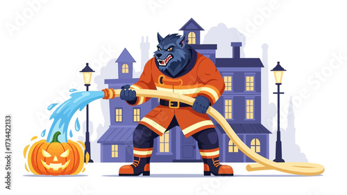 Halloween Pumpkin Rescue: A captivating Halloween illustration features a werewolf dressed as a firefighter. with determination, aiming a water hose at a glowing pumpkin.