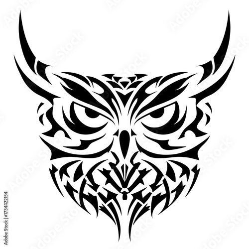 A black and white tribal owl tattoo design featuring intricate geometric patterns, bold contrasts,